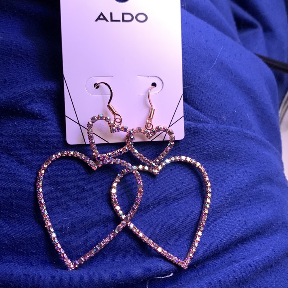 Aldo Earrings gold tone diamonds paved double heart drop